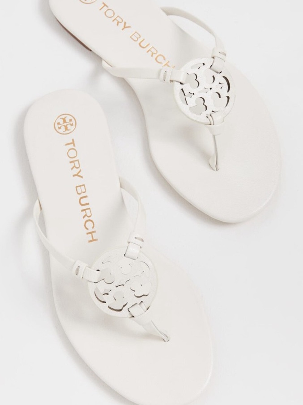 Tory Burch White Miller Logo Thong Sandals - Laser Cut Medallion